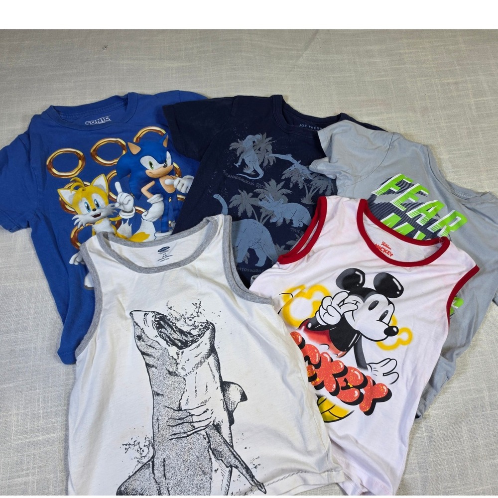 Boys Graphic Tee Tank Lot 5pc Sonic Mickey Mouse Dinosaur Shark Size 5-8 S